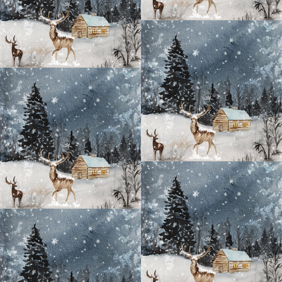 Deers in snow with pine trees and a cabin in the background at night