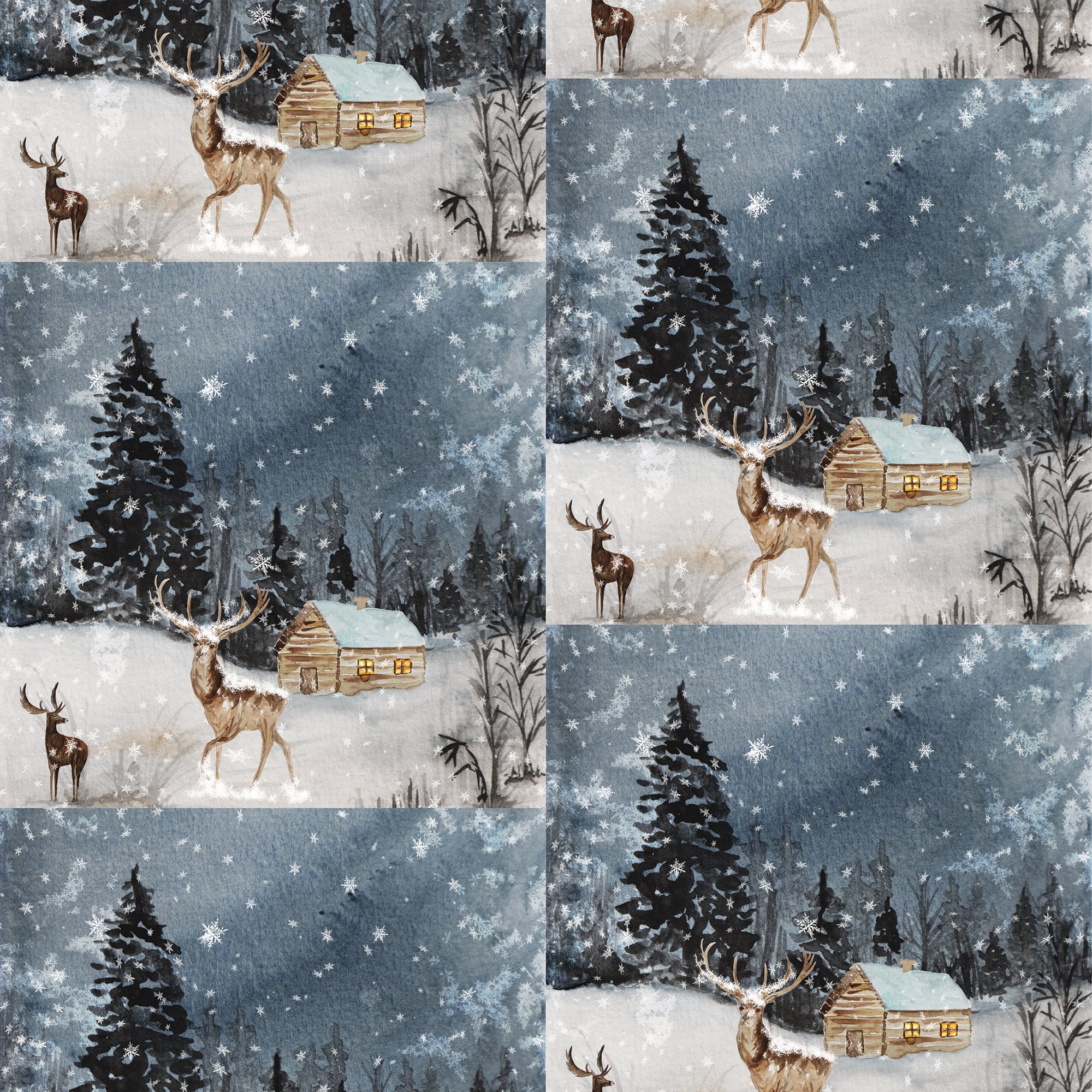 Deers in snow with pine trees and a cabin in the background at night