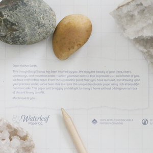Waterleaf Paper note describing their eco friendly packaging and sustainable practices