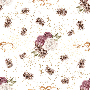 White wrapping paper with roses, pine cones and golden bows