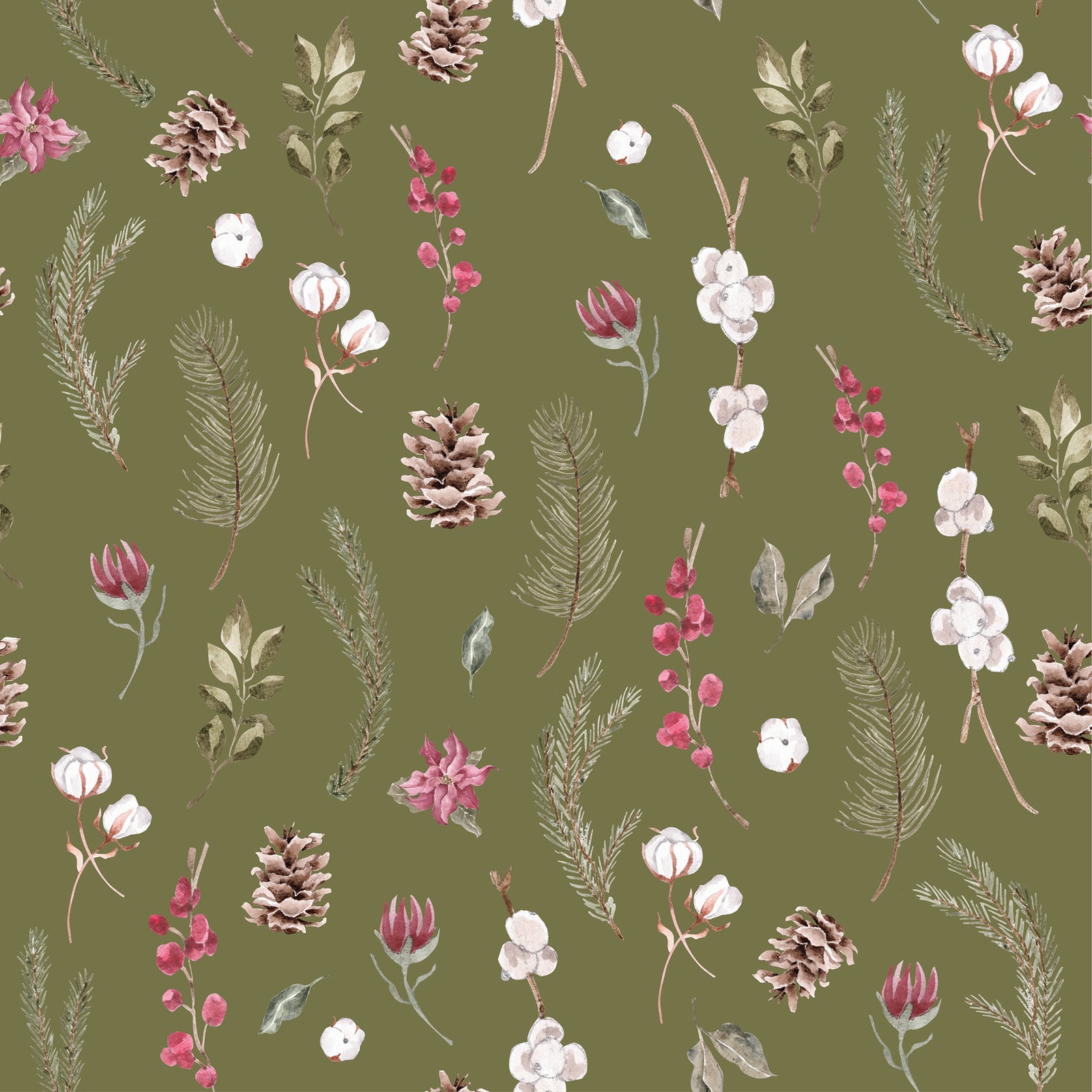 Green wrapping paper with pine cones, branches, pine leaves, poinsettias and flowers