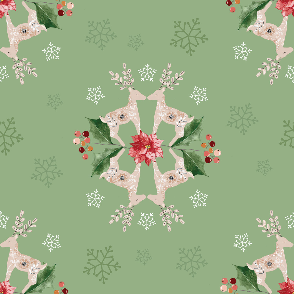 Green wrapping paper with reindeers and poinsettias in the center and snowflakes in green and white around them