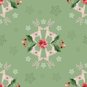 Green wrapping paper with reindeers and poinsettias in the center and snowflakes in green and white around them