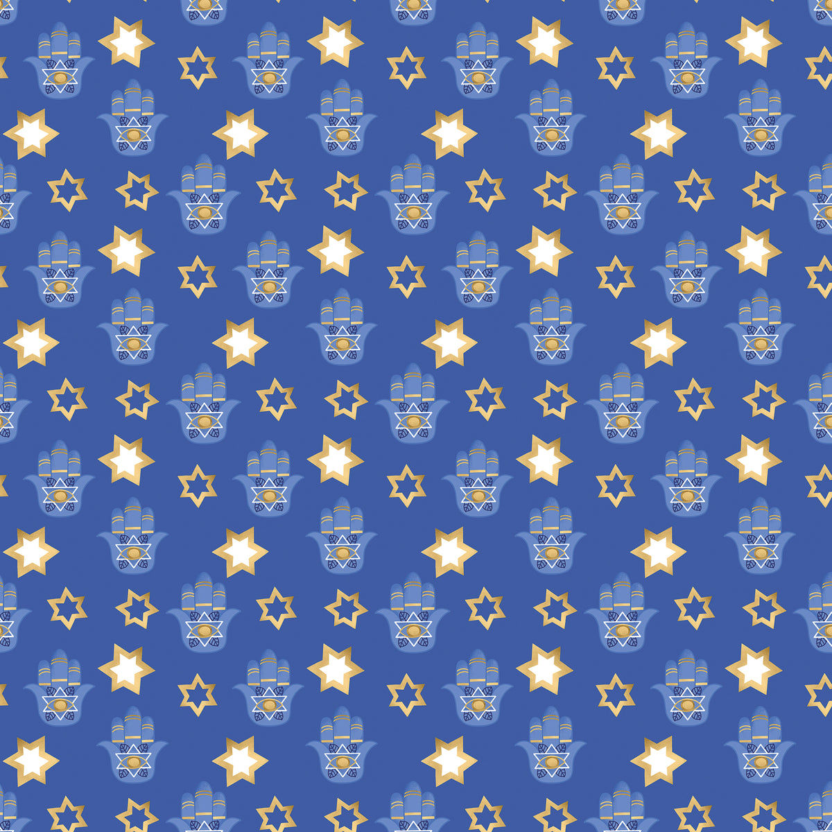 Blue wrapping paper with blue hamsa and Gold Stars