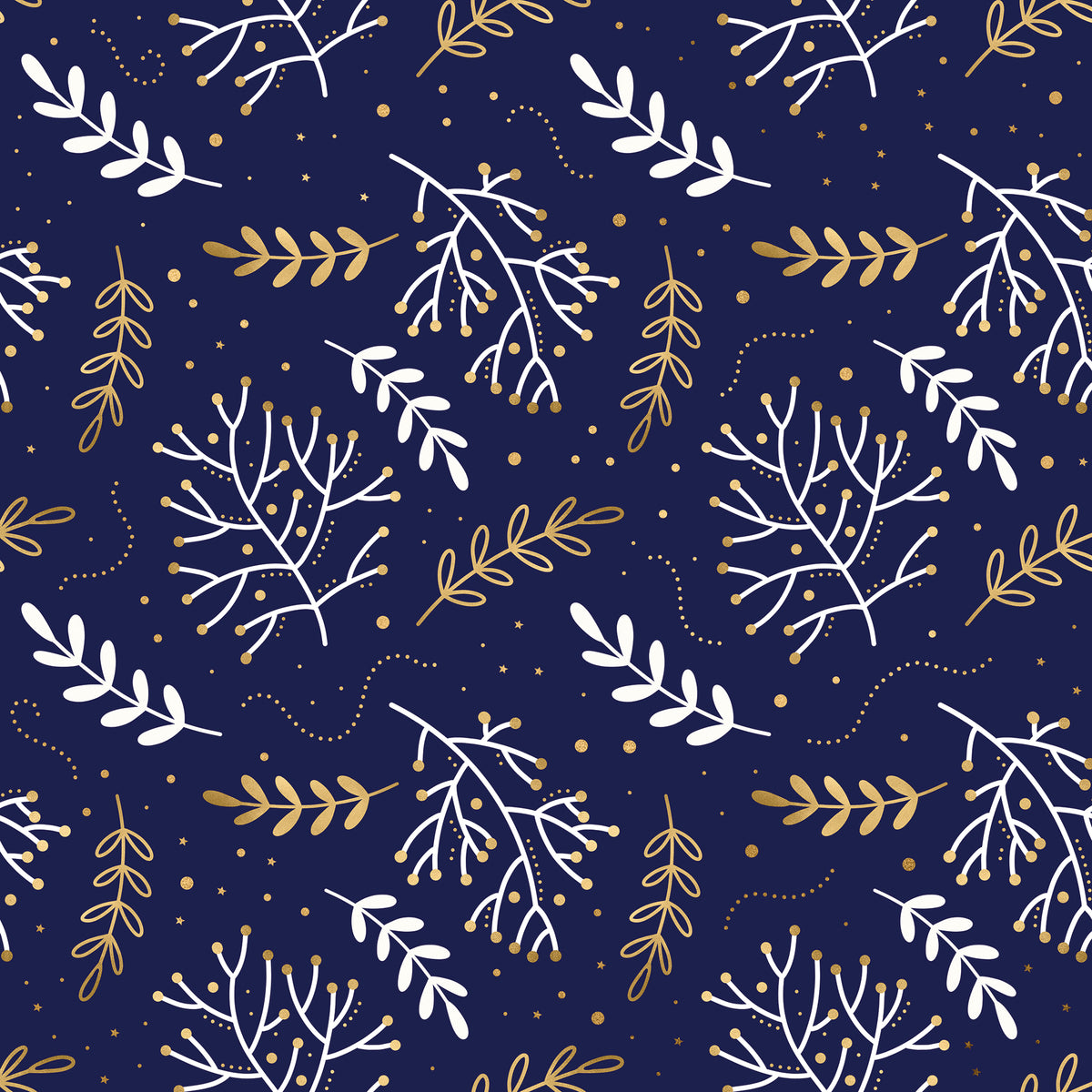 Blue wrapping paper with Hanukkah branches in gold and white