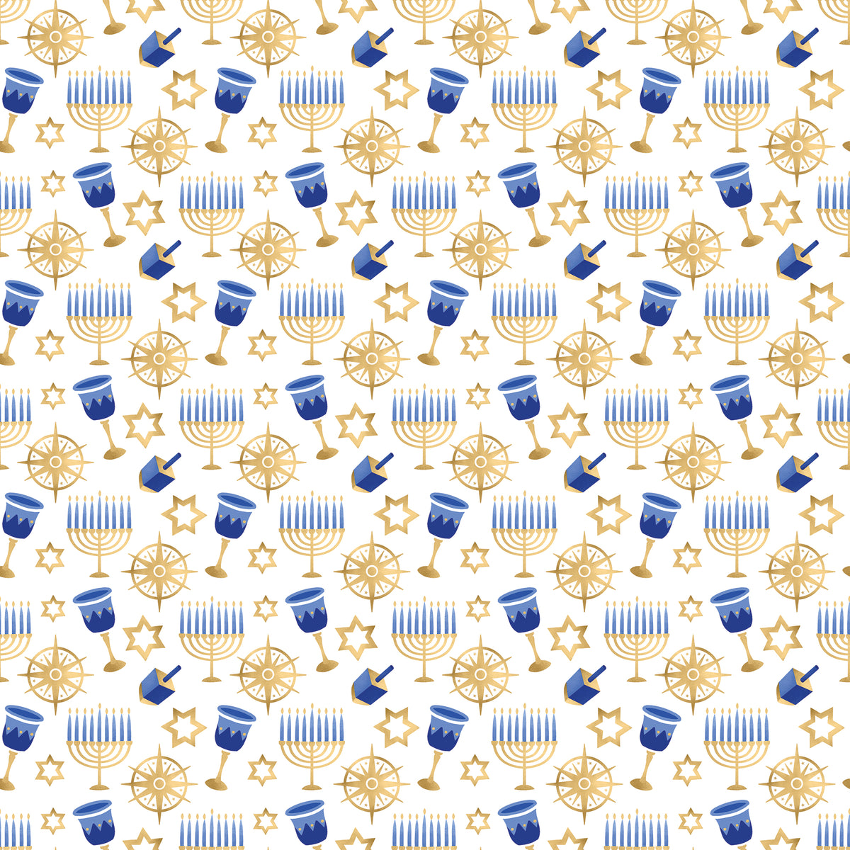 White wrapping paper with Gold Stars, Menorahs and Dreidels