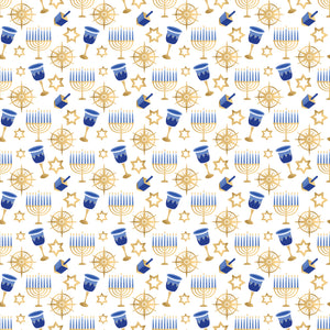White wrapping paper with Gold Stars, Menorahs and Dreidels