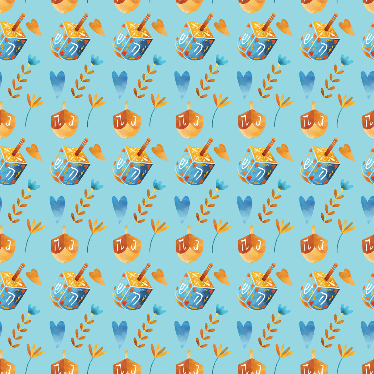 Blue wrapping paper with blue and orange Dreidels and blue and orange hearts
