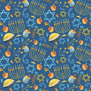 Blue wrapping paper with Stars of David in blue and yellow, branches, orange and blue Dreidels and yellow Menorahs