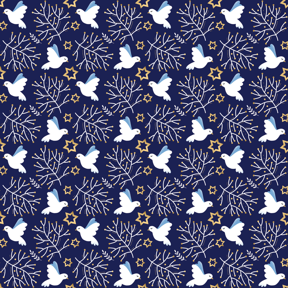 Blue wrapping paper with white doves, gold stars and white branches