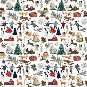 White Christmas wrapping paper with kids, snowmen, reindeers, houses, foxes and Christmas trees