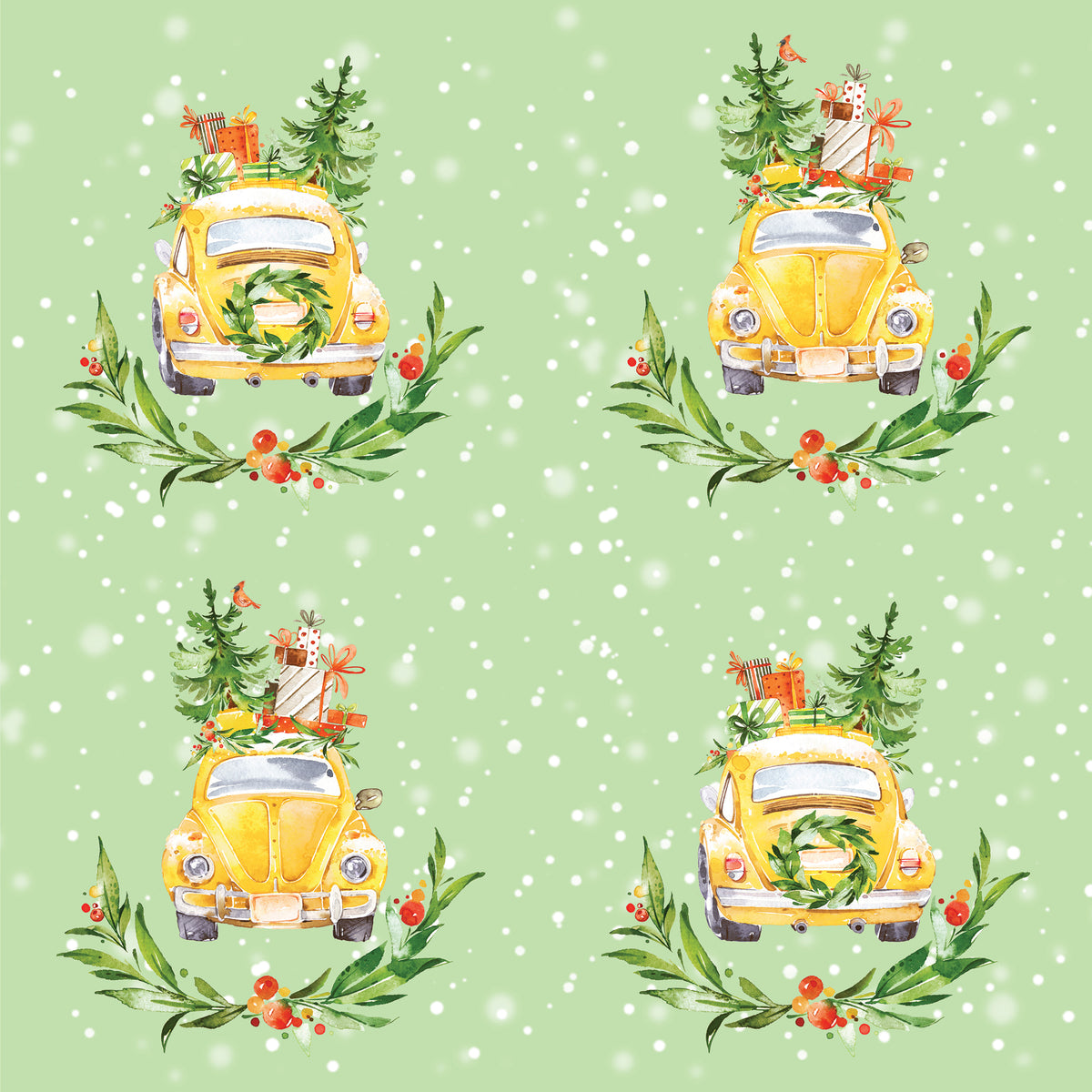 Yellow cars with Christmas trees and Christmas presents on top of them in a green background with snow falling