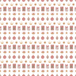White wrapping paper with gifts, crowns, bells and ornaments