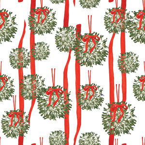 White wrapping paper with mistletoes and red bows
