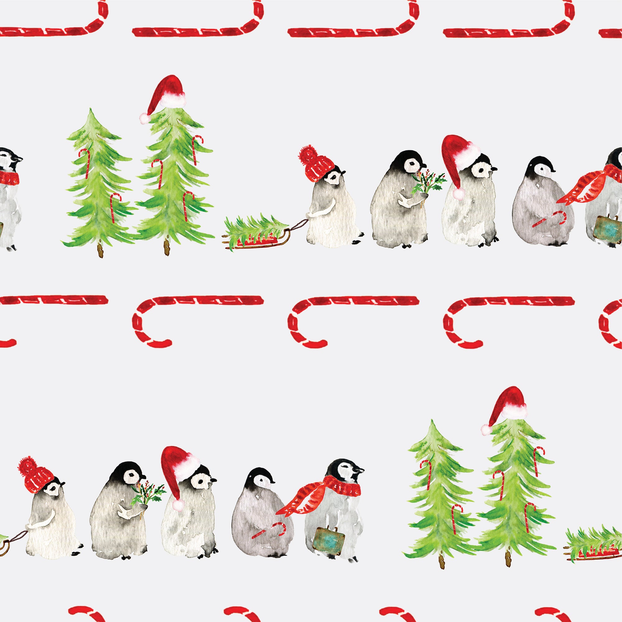 Penguins with red hats besides Christmas trees and candy canes