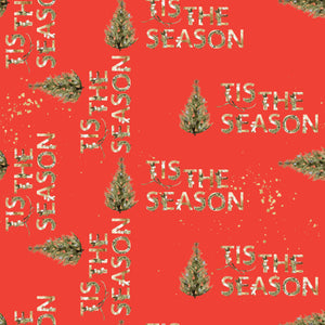Red Christmas wrapping paper with the legend "Tis the Season" and Christmas trees