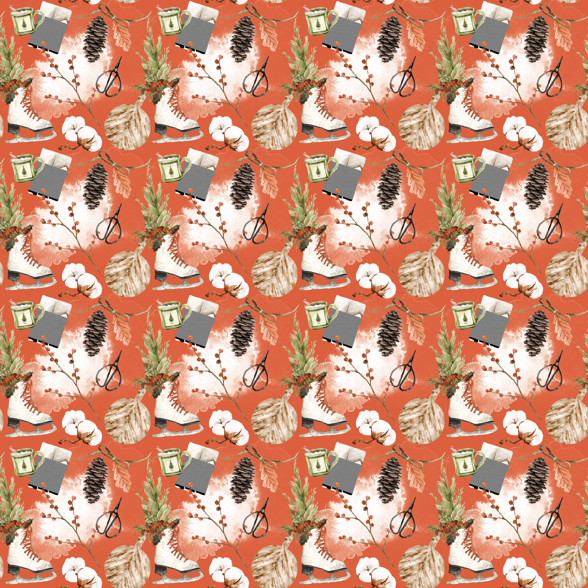 White ice skates, pine tree branches, pine cones and gifts in a red background