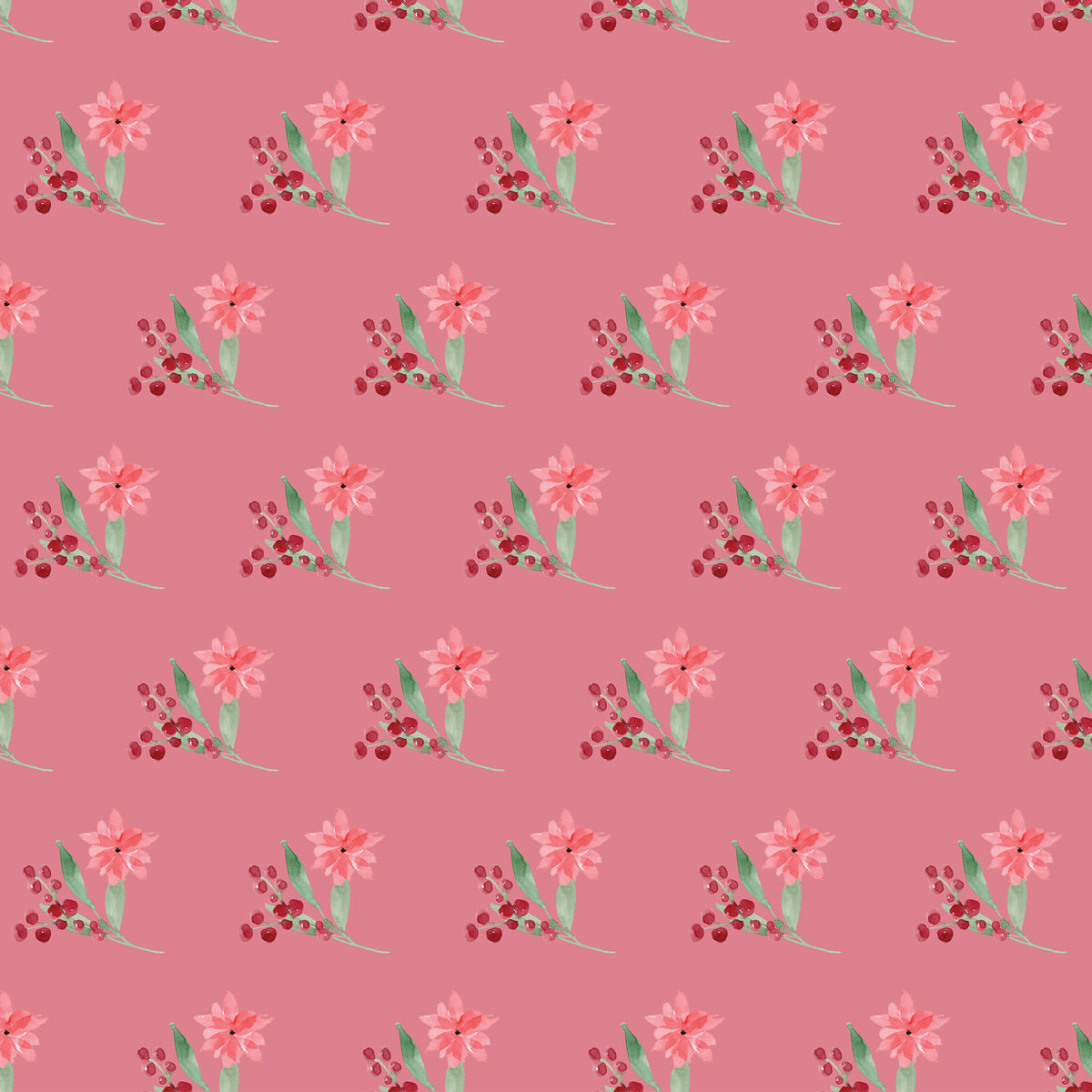Pink wrapping paper with poinsettias and red berries