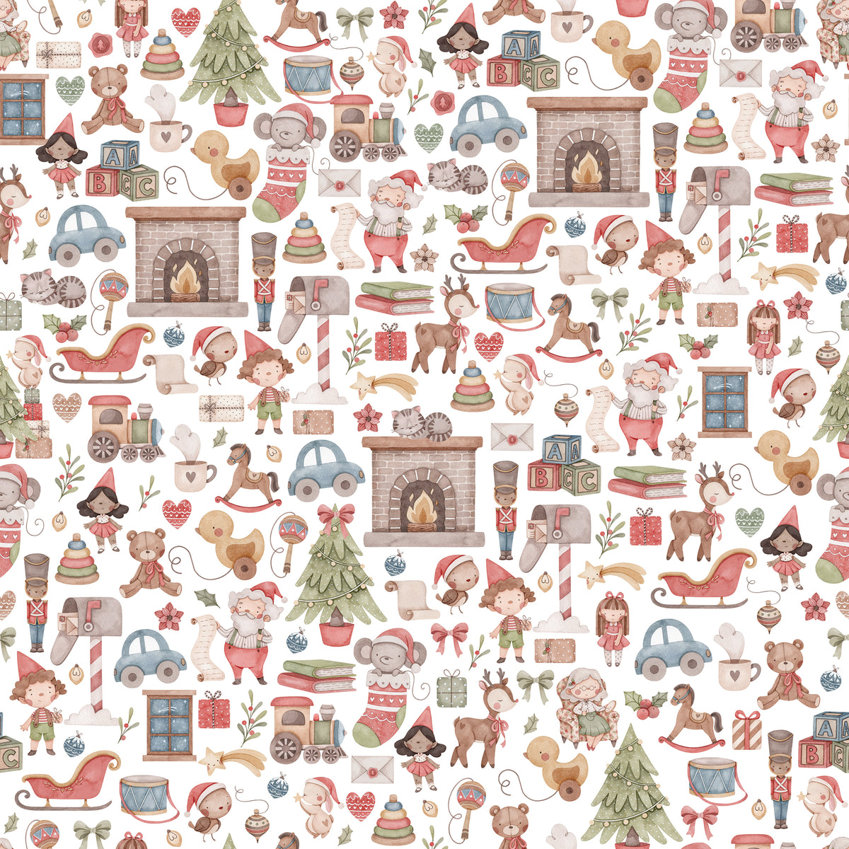 White wrapping paper with Santa, gnomes, toys and Christmas trees