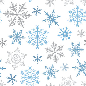 Brown and blue snowflakes floating in a white background