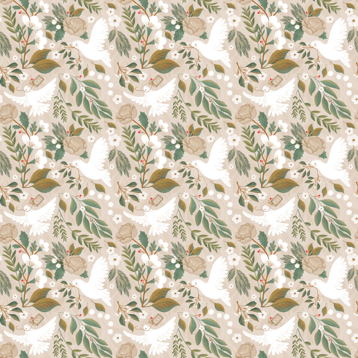 Christmas Doves in Tan - Wrapping Paper
