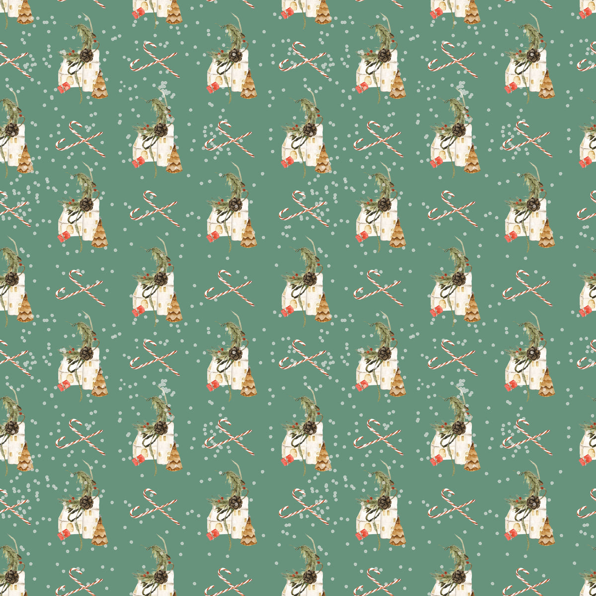 Green Christmas wrapping paper with white houses, pine tree branches and cones with white dots and candy canes in the background