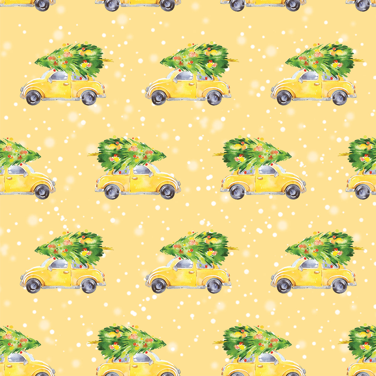 Yellow Chirstmas wrapping paper with yellow cars with Christmas trees on top of them