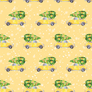 Yellow Chirstmas wrapping paper with yellow cars with Christmas trees on top of them