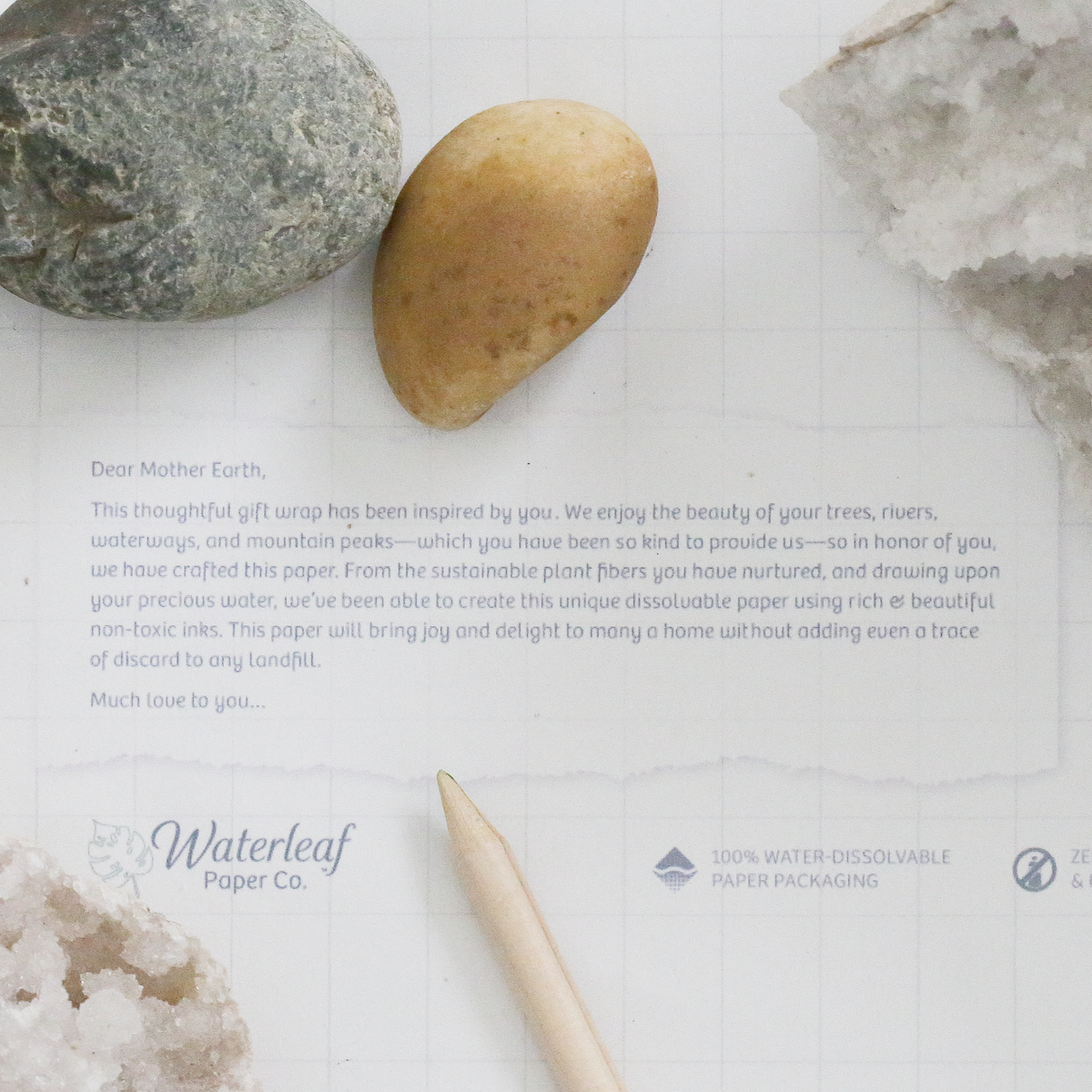 Waterleaf Paper Co note describing its efforts as a zero waste store to offer green products